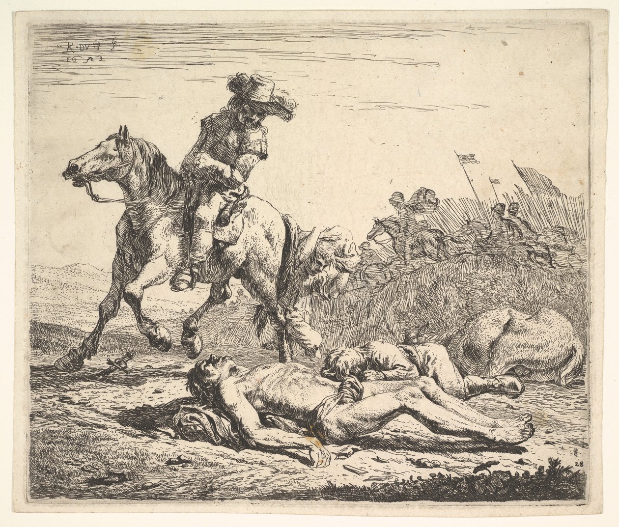 Bojiště s jezdcem, který se dívá přes levé rameno na svlečenou mrtvolu na gro..., 1652. od Karel Du Jardin