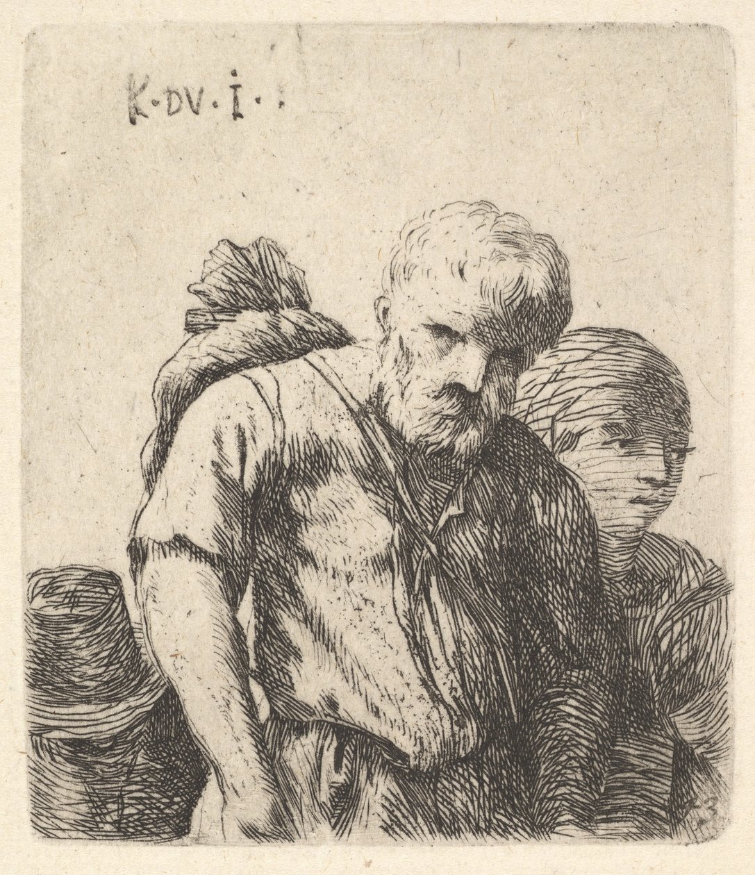 Vousatý muž zobrazený v poloviční délce se svazkem přehozeným přes pravou lopatku, bok..., ca. 1641-78. od Karel Du Jardin