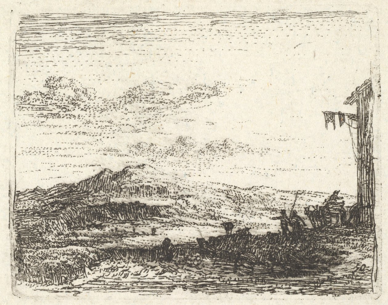 Krajina s rohem budovy a markýzou zcela vpravo, dvě postavy a kůň-..., ca. 1641-78. od Karel Du Jardin