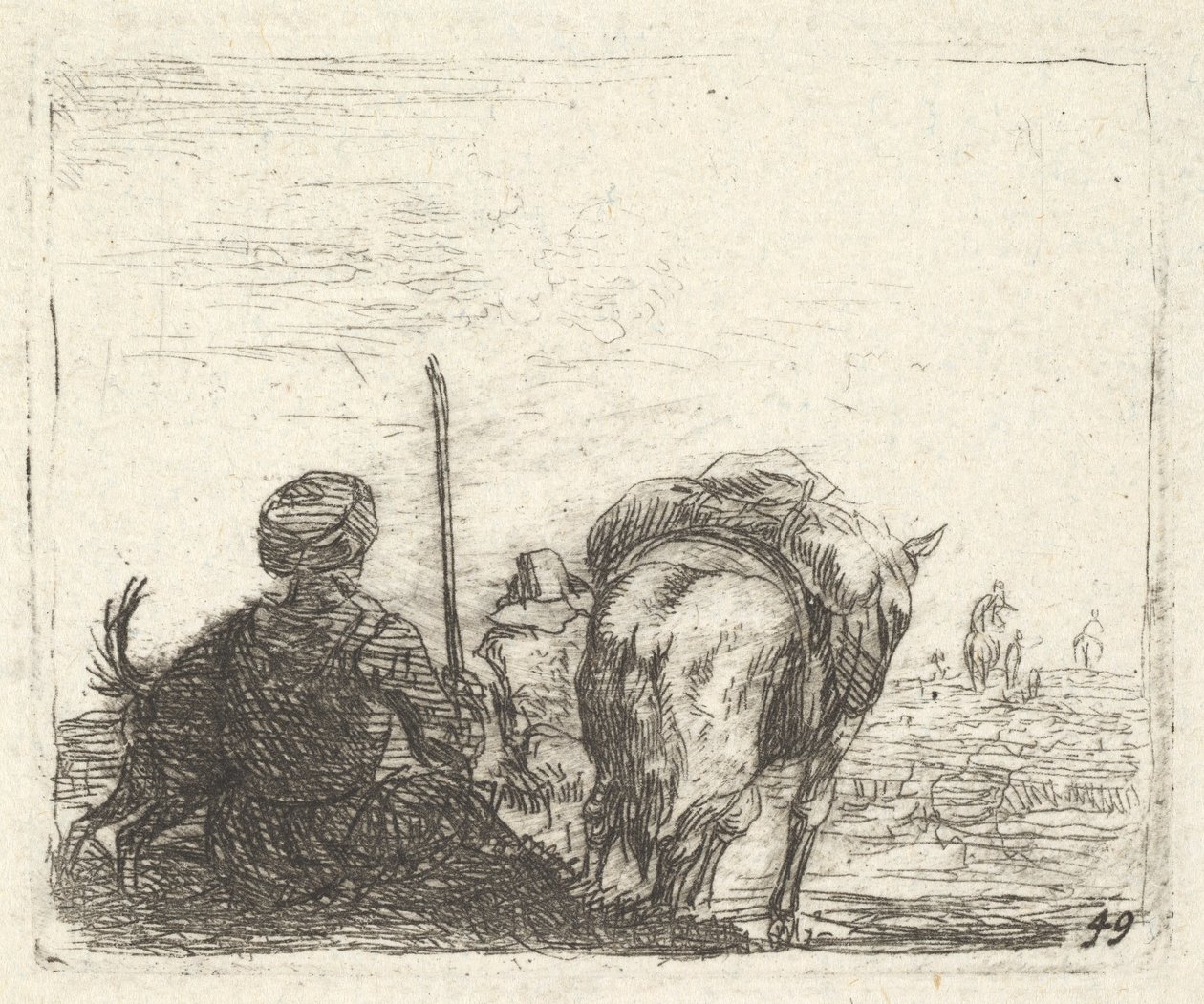 Tažný kůň, sedící muž s hůlkou v pravé ruce a pes, vše při pohledu zezadu..., ca. 1641-78. od Karel Du Jardin
