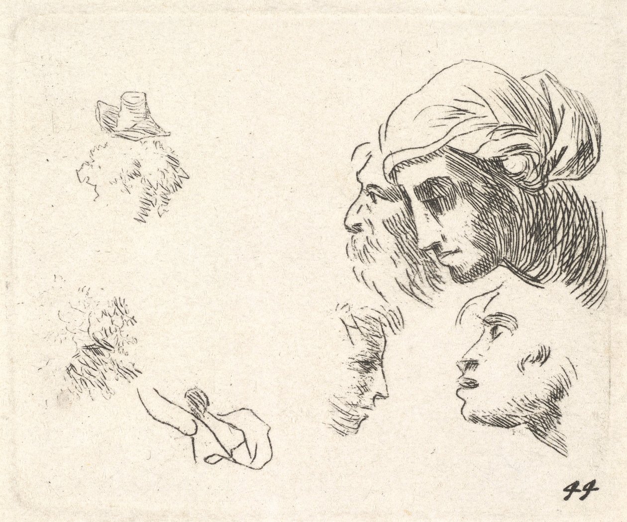Studie hlav v pohledu z profilu, žena s pokrývkou hlavy a vousatý muž, jehož hlavy ..., ca. 1641-78. od Karel Du Jardin