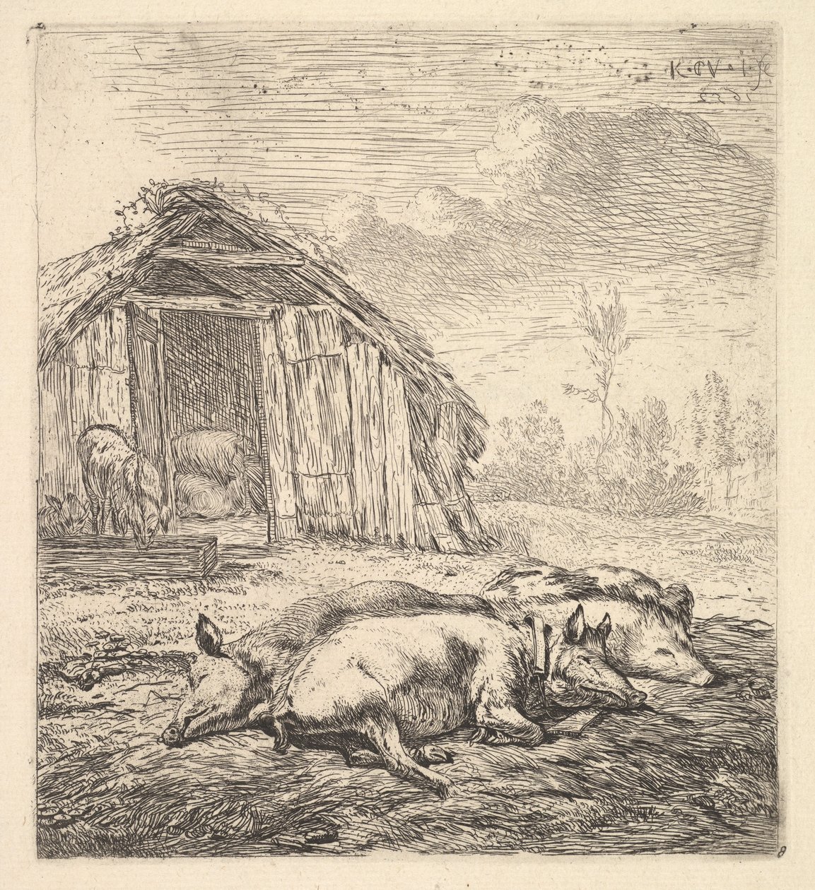 Tři prasata ležící na boku, chlívek a koryto za ním, 1652. od Karel Du Jardin