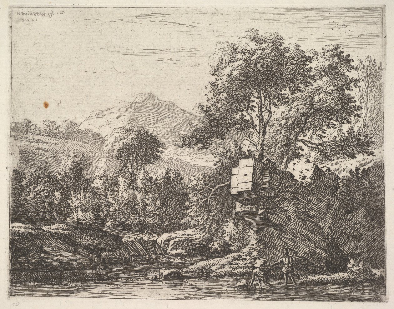 Dva muži stojící po kotníky ve vodní mase se skalnatým výběžkem za nimi, k le..., 1658. od Karel Du Jardin