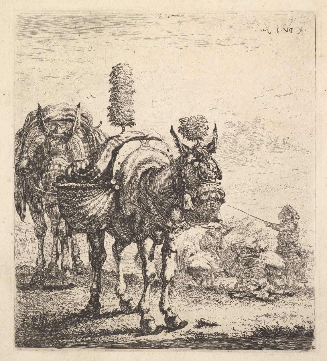 Dva mezci nesoucí brašny a vybaveni klapkami, chocholy a střapci, jeden mul..., ca. 1641-78. od Karel Du Jardin