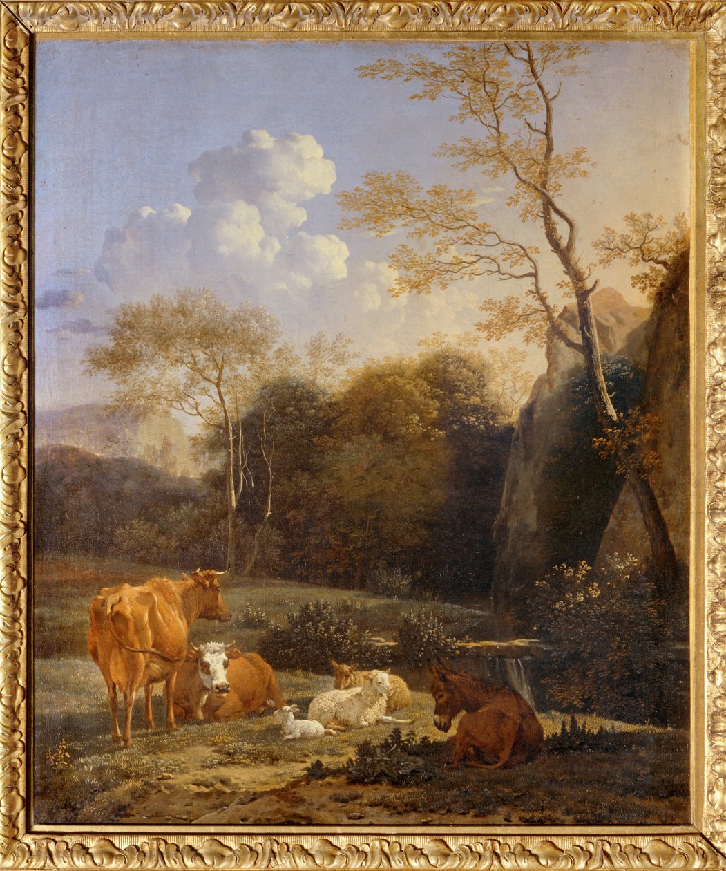 Le bocage, Krávy, osli a ovce u potoka... od Karel Dujardin