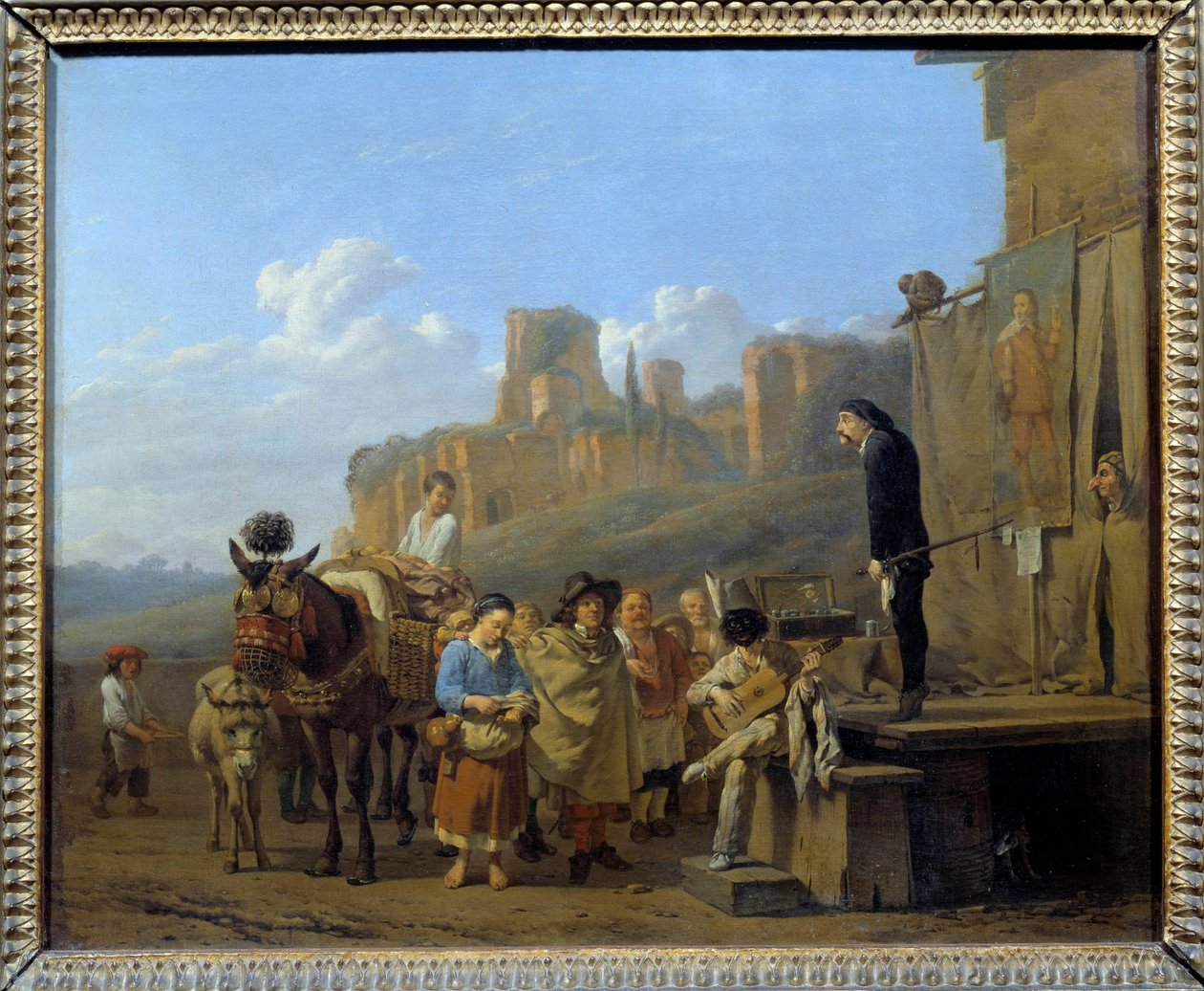 Italští šarlatáni Marchand ambuland, kteří prodávali drogy na veřejných prostranstvích. Obraz Karla Dujardina (1621-1678) 1657. Rozměr 0,44 x 0,52 m od Karel Dujardin