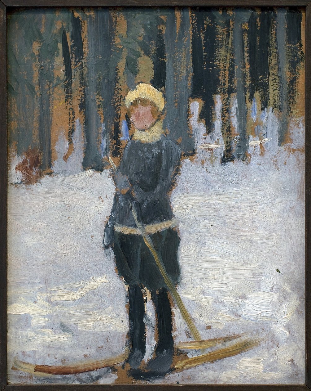 Žena na lyžích v lese. Dílo Karla Spillara (1871-1939), olej na kartonu od Karel Spillar