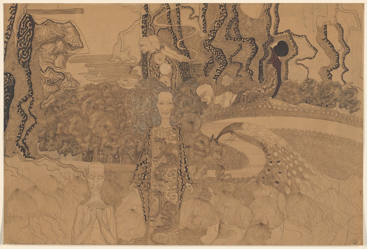 Alegorické zobrazení s postavami a pávem v zahradě od Karel de Nerée tot Babberich (signed by artist)
