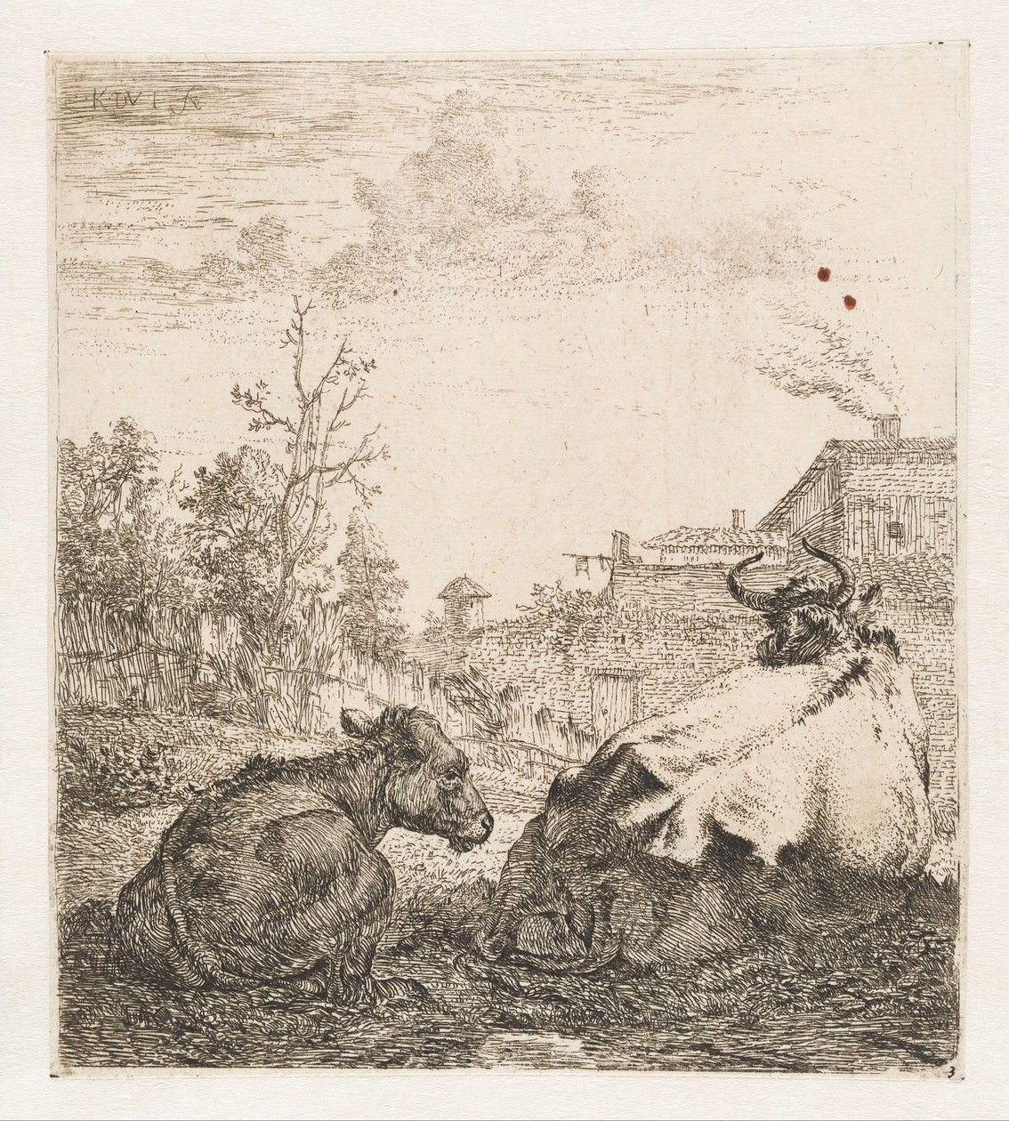 Ležící kráva s teletem Zvířata (název seriálu) od Karel du Jardin (signed by artist)