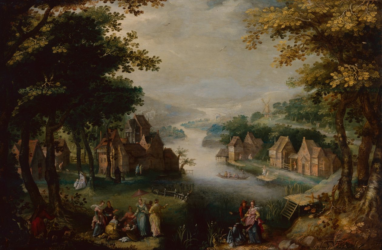 Nalezení Mojžíše s elegantním párem, sluhou a lovcem (olej na dřevě) od Karel van (circle of) Mander