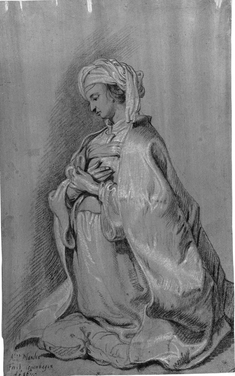 Klečící postava na polštáři s turbanem. Tváří v tvář doleva. Ruce složené na hrudi. od Karel van III Mander