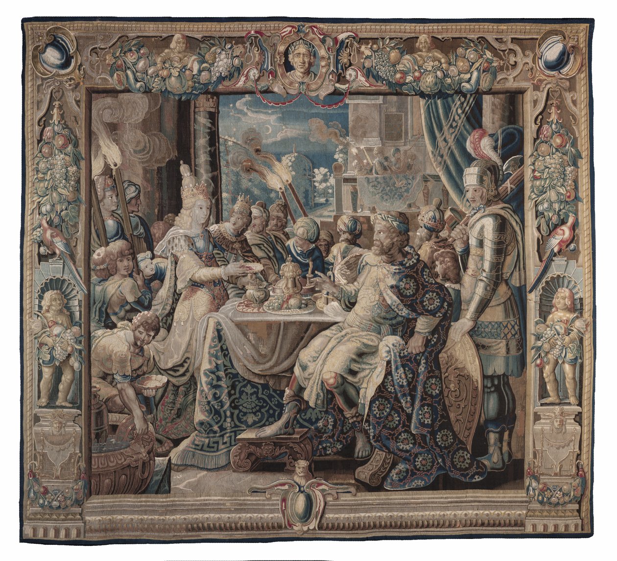 Kleopatra baví Antonia; tapiserie, kolem roku 1640 (vlněná a hedvábná plátnová vazba s vlněnou osnovou) od Karel van II Mander