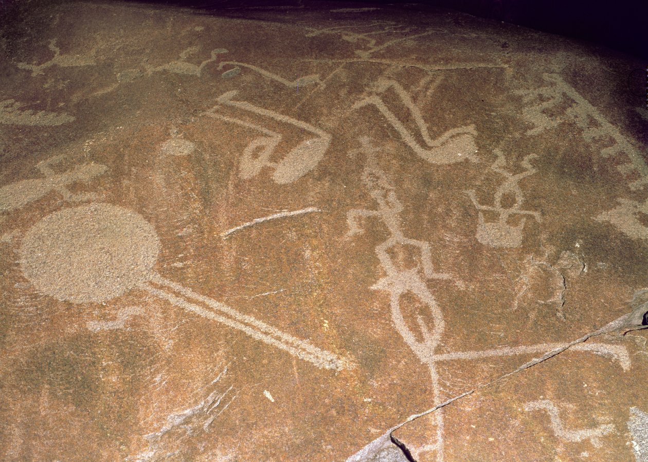 Vyřezávaný petroglyf zobrazující postavy, jeleny, losy, ptáky, lodě a kruhy, 3. tisíciletí před naším letopočtem (žula) od Karelian
