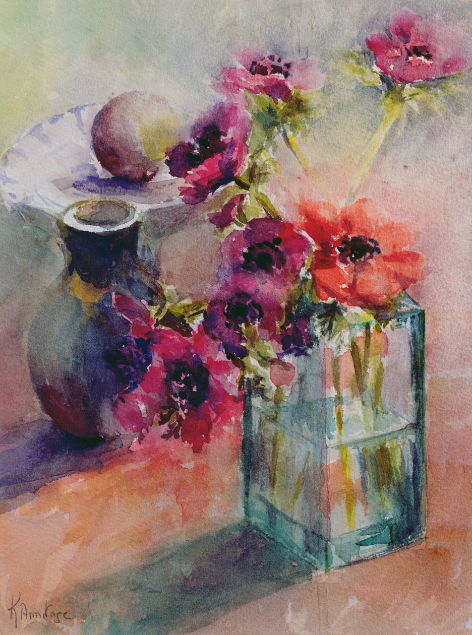 Sasanky v zelené skleněné váze, 2002 od Karen Armitage