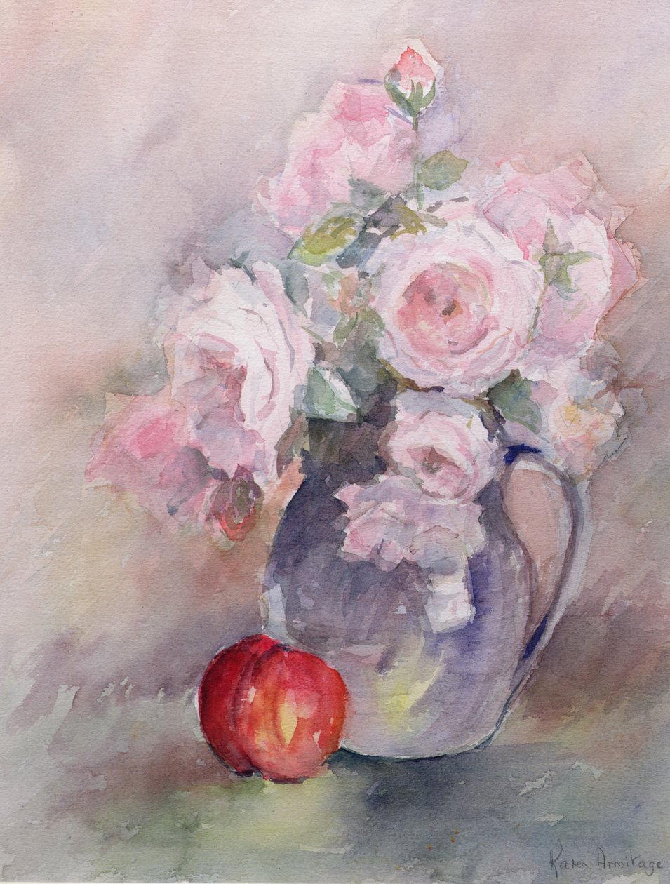 Růžové růže v modrém džbánu, 1994 (wc) od Karen Armitage