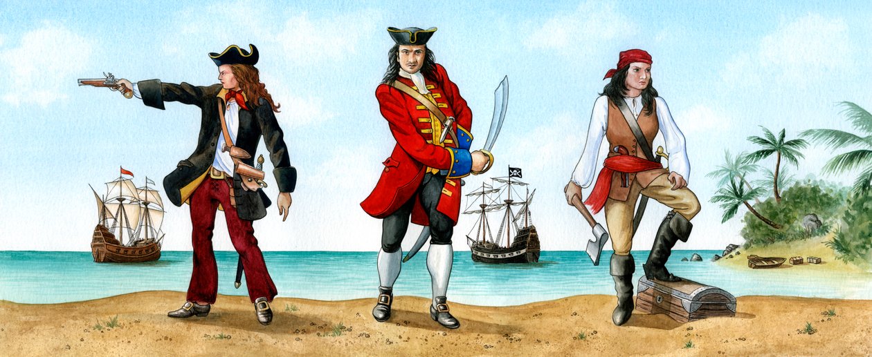 Anne Bonny, John Calico Jack Rackam a Mary Read, Piráti 18. století. od Karen Humpage