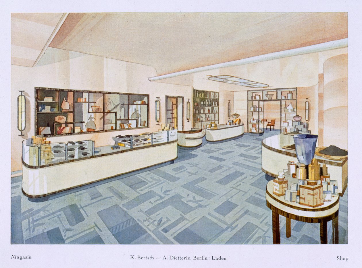 Prodejna parfémů, ilustrace z knihy Moderní barevné interiéry, 1929 od Karl Bertsch
