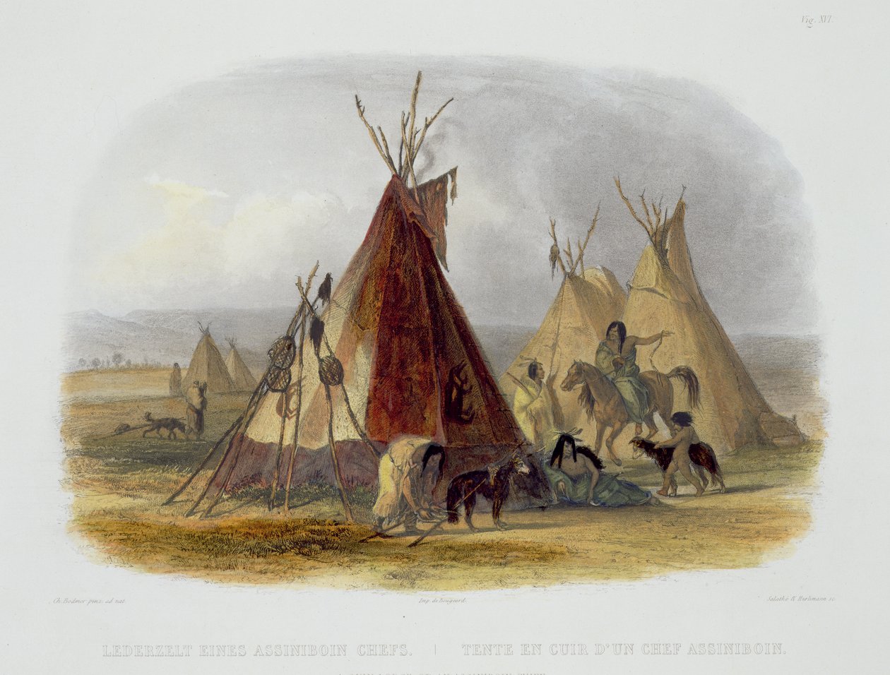 Kožená lóže náčelníka Assiniboinů, deska 16 z 1. dílu „Cesty ve vnitrozemí Severní Ameriky“, vyryl Friedrich Salathe (1793-1858) a J. Hurlimann, 1843 (akvatinta) od Karl Bodmer