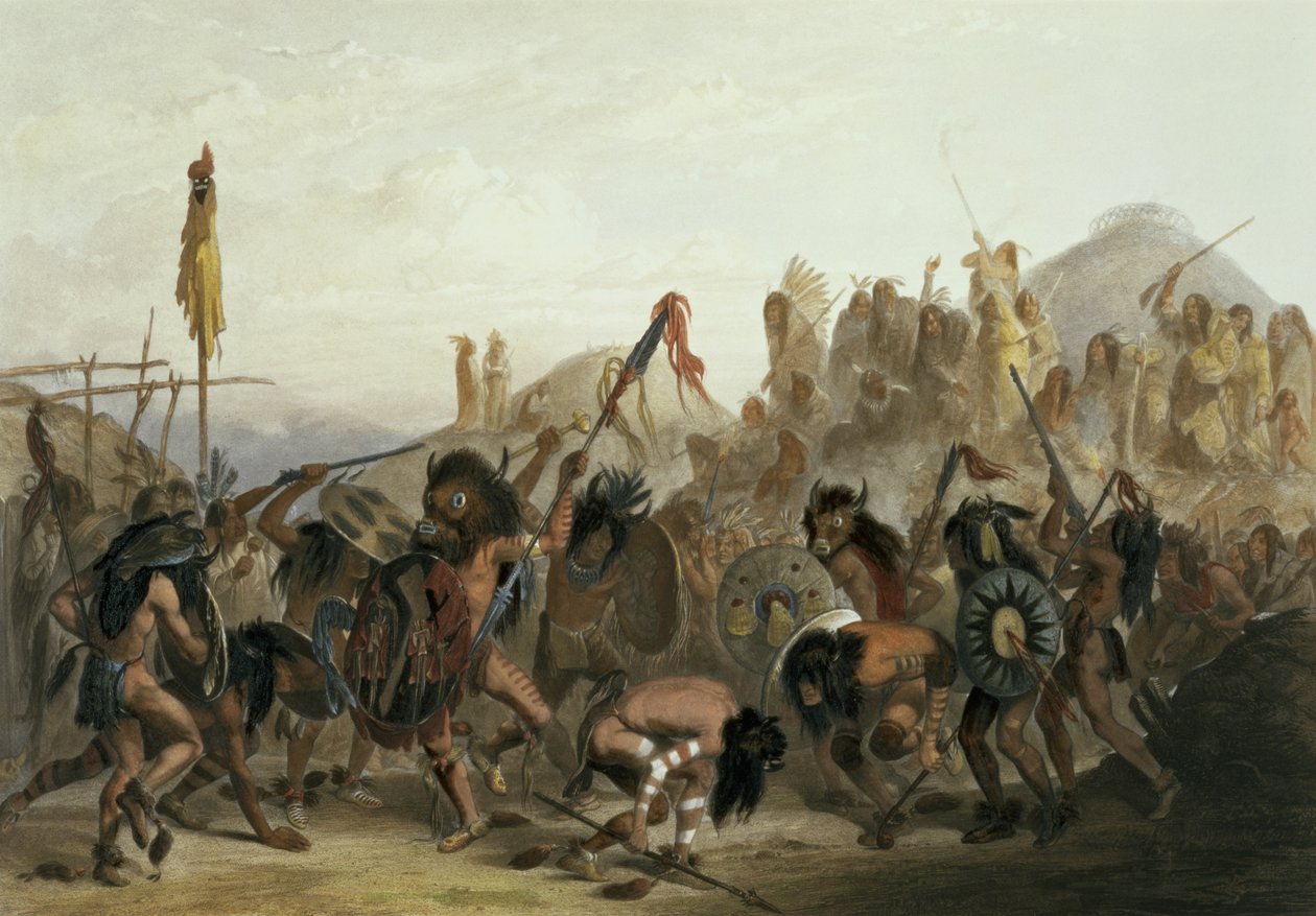 Bison-Dance of the Mandan Indians před jejich Medicine Lodge v Mih-Tutta-Hankush, deska 18 ze svazku 2 „Cesty ve vnitrozemí Severní Ameriky“, vyryl Alexandre Manceau, 1844 (aqua od Karl Bodmer
