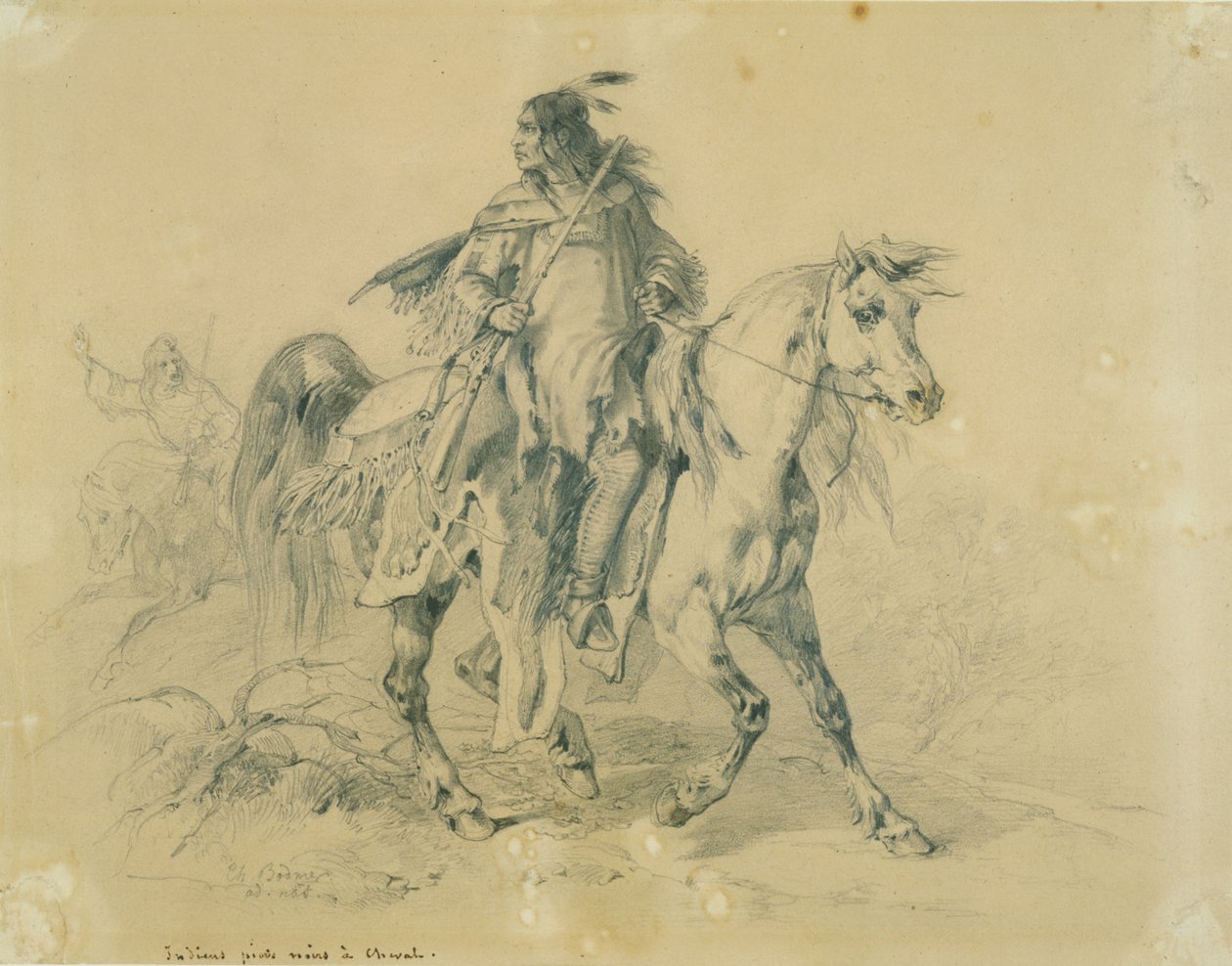 Blackfeet warrior na koni, cca 1833-43 (tužka, pero a wc na papíře) od Karl Bodmer