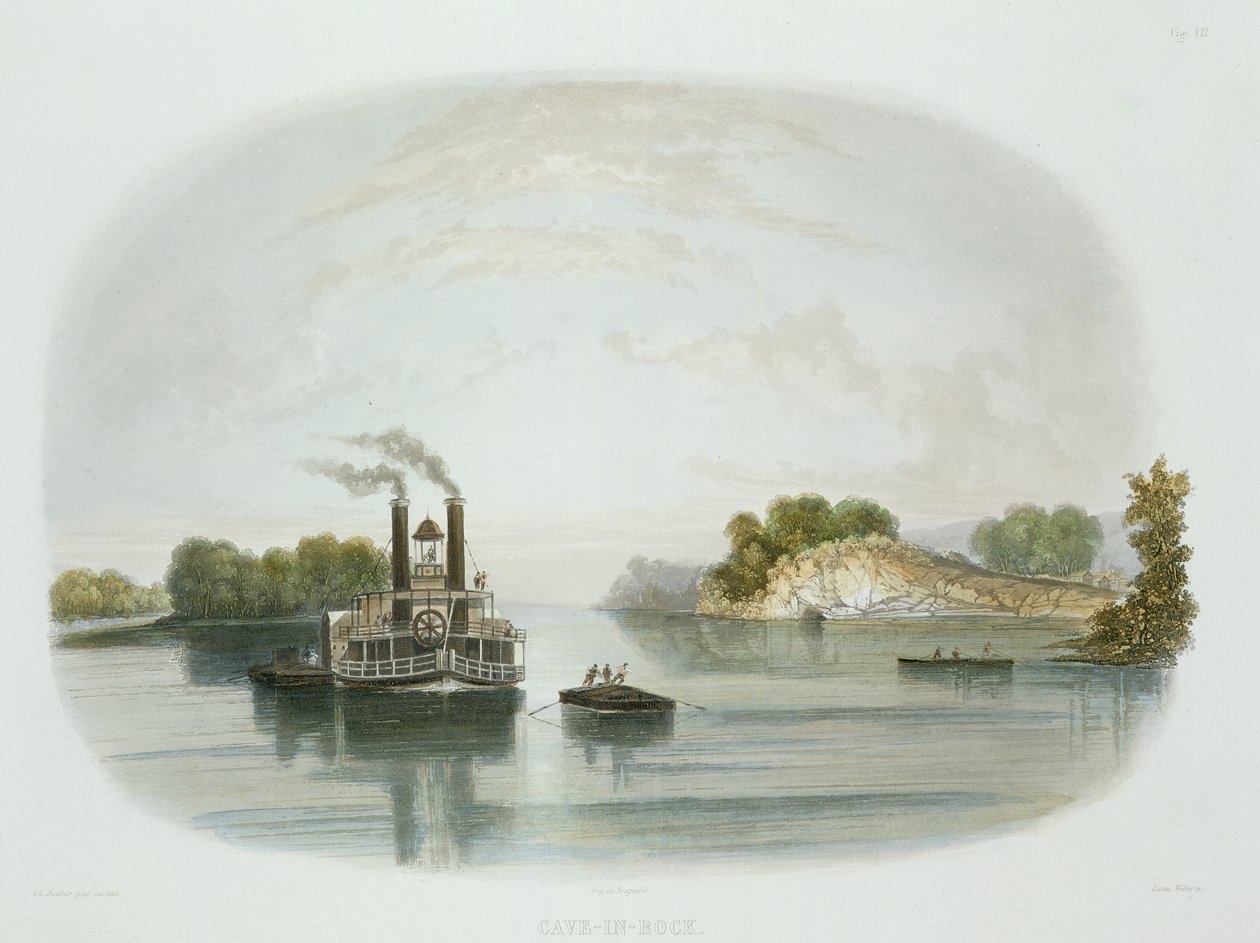 Cave-in-Rock, pohled na Ohio, deska 7 ze svazku 1 „Cesty ve vnitrozemí Severní Ameriky“, vyryl Lucas Weber, 1843 (akvatinta) od Karl Bodmer