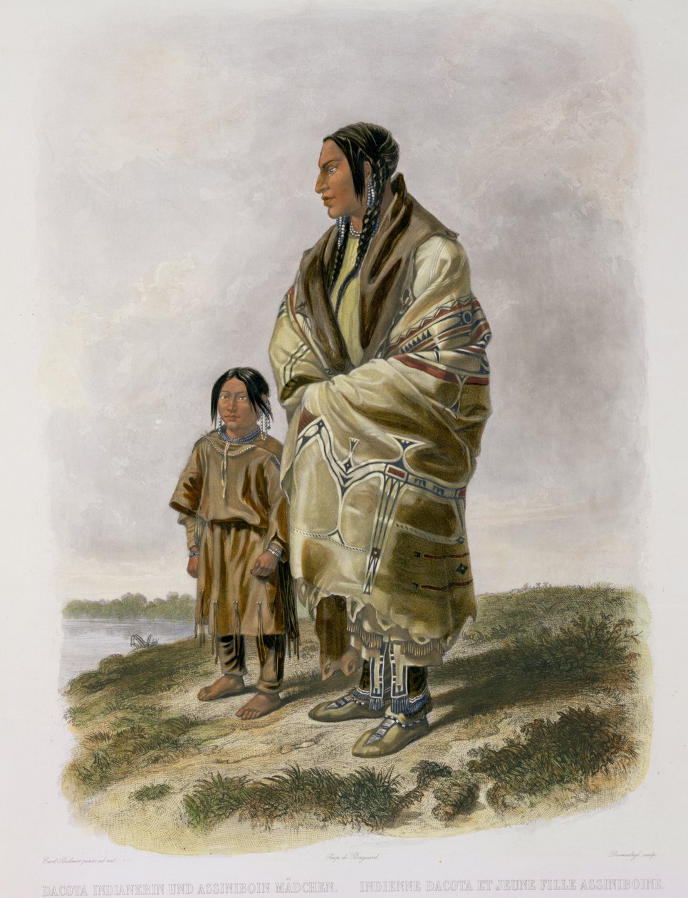 Dacota Woman and Assiniboin Girl, deska 9 ze svazku 2 „Cesty ve vnitrozemí Severní Ameriky“, vyryla Narcisse Desmadryl, 1844 (akvatinta) od Karl Bodmer