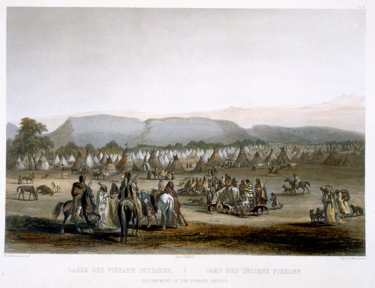 Tábořiště indiánů Piekann, deska 43 ze svazku 2 „Cesty ve vnitrozemí Severní Ameriky“, vyryl Leopold Beyer (1784-c.1870) a J. Hurlimann, 1844 (akvatinta) od Karl Bodmer