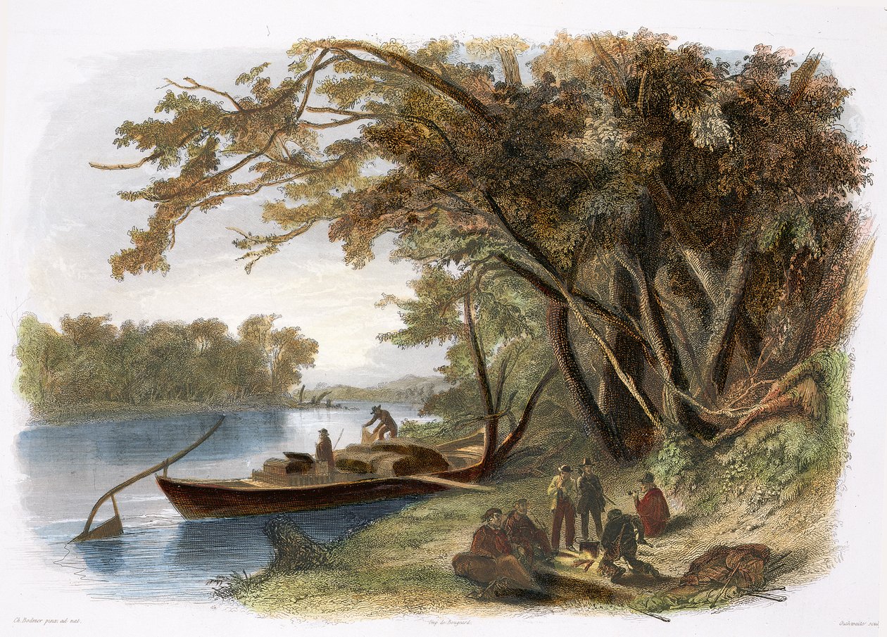 Tábořiště cestovatelů na Missouri, deska 23 ze svazku 1 „Cesty ve vnitrozemí Severní Ameriky“, vyryl John Outhwaite, 1843 (akvatinta) od Karl Bodmer