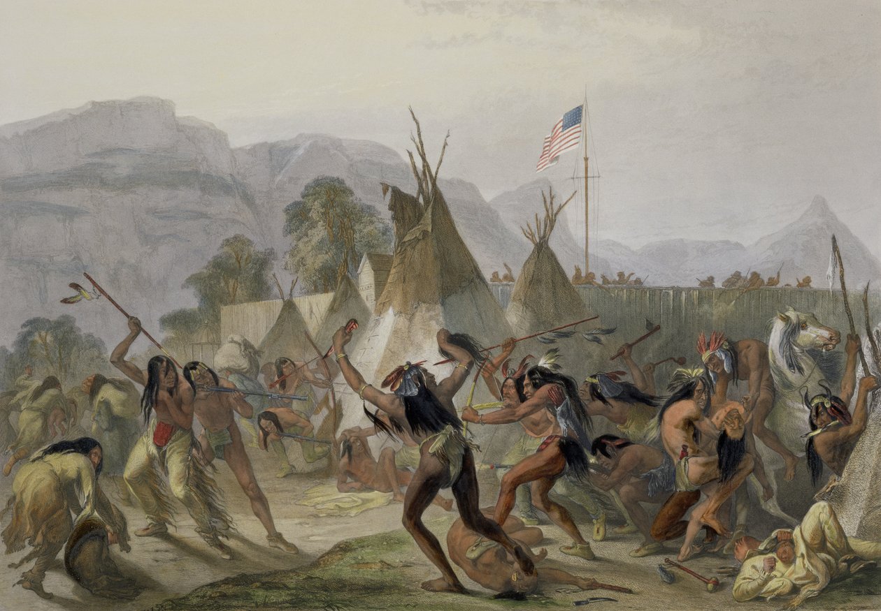Fort Mackenzie, 28. srpna 1833, deska 42 ze svazku 2 „Cesty ve vnitrozemí Severní Ameriky“, vyryto Alexandrem Manceauem a J. Hurlimannem, 1844 (akvatinta) od Karl Bodmer