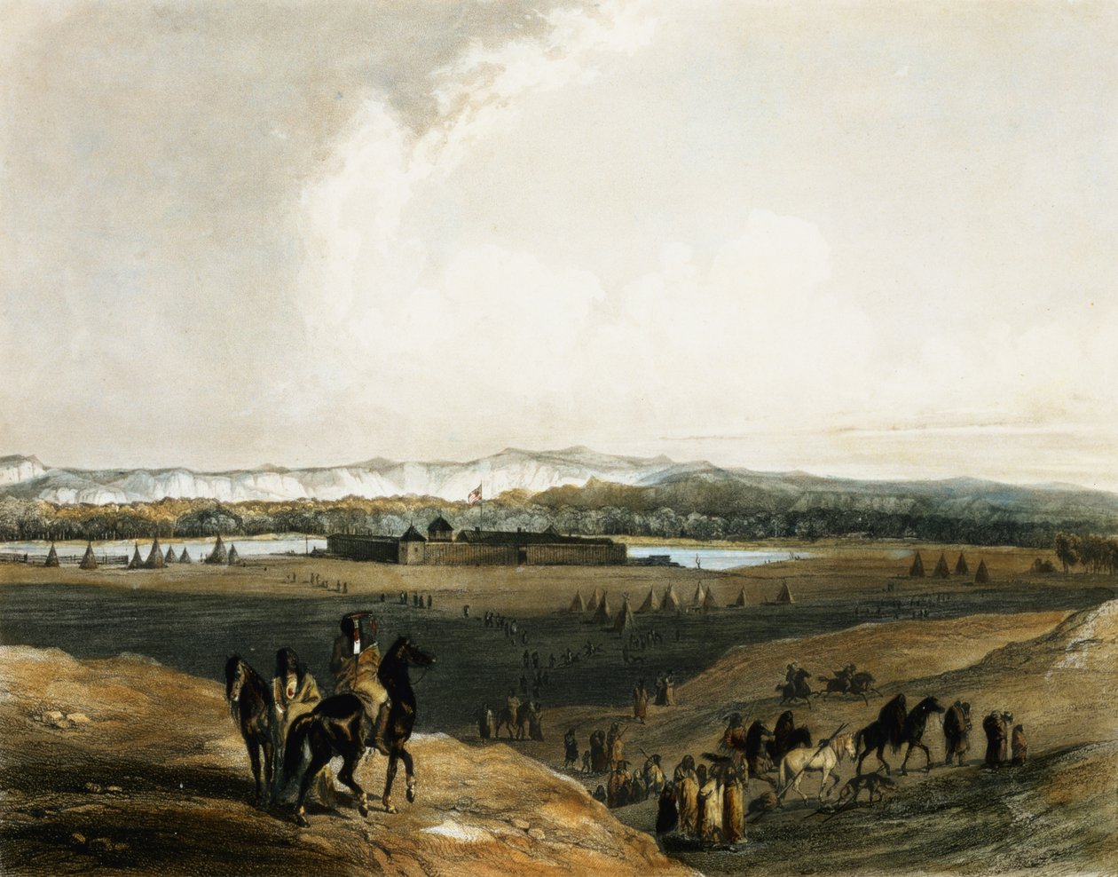 Fort Union na Missouri, deska 28 ze svazku 2 knihy "Travels in the Interior of North America", vyryl Leopold Beyer (1784-1870) a Lucas Weber, 1844 (akvatinta) od Karl Bodmer