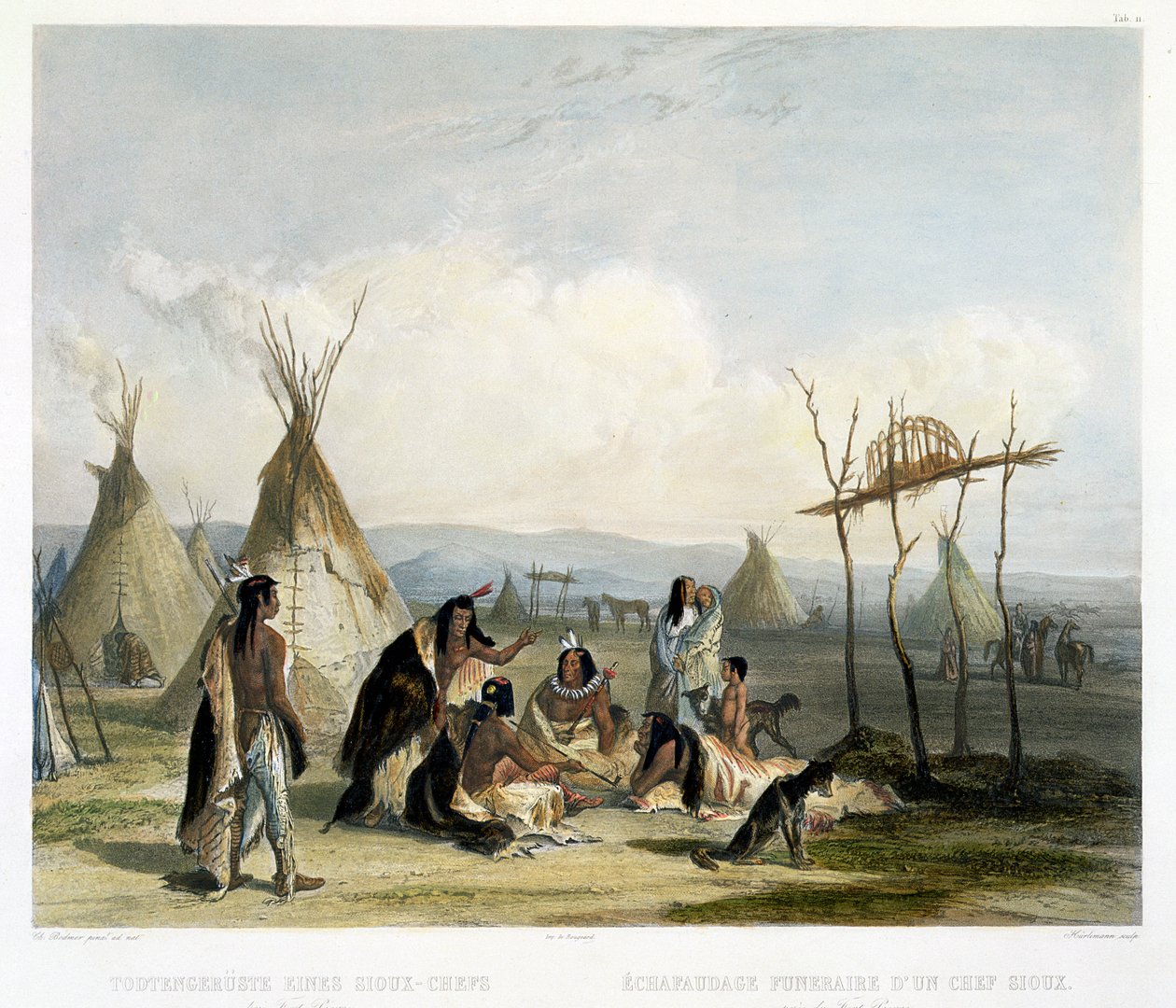 Pohřební lešení siouxského náčelníka poblíž Fort Pierre, deska 11 ze svazku 2 „Cesty ve vnitrozemí Severní Ameriky“, vyryto J. Hurlimannem, 1844 (akvatinta) od Karl Bodmer