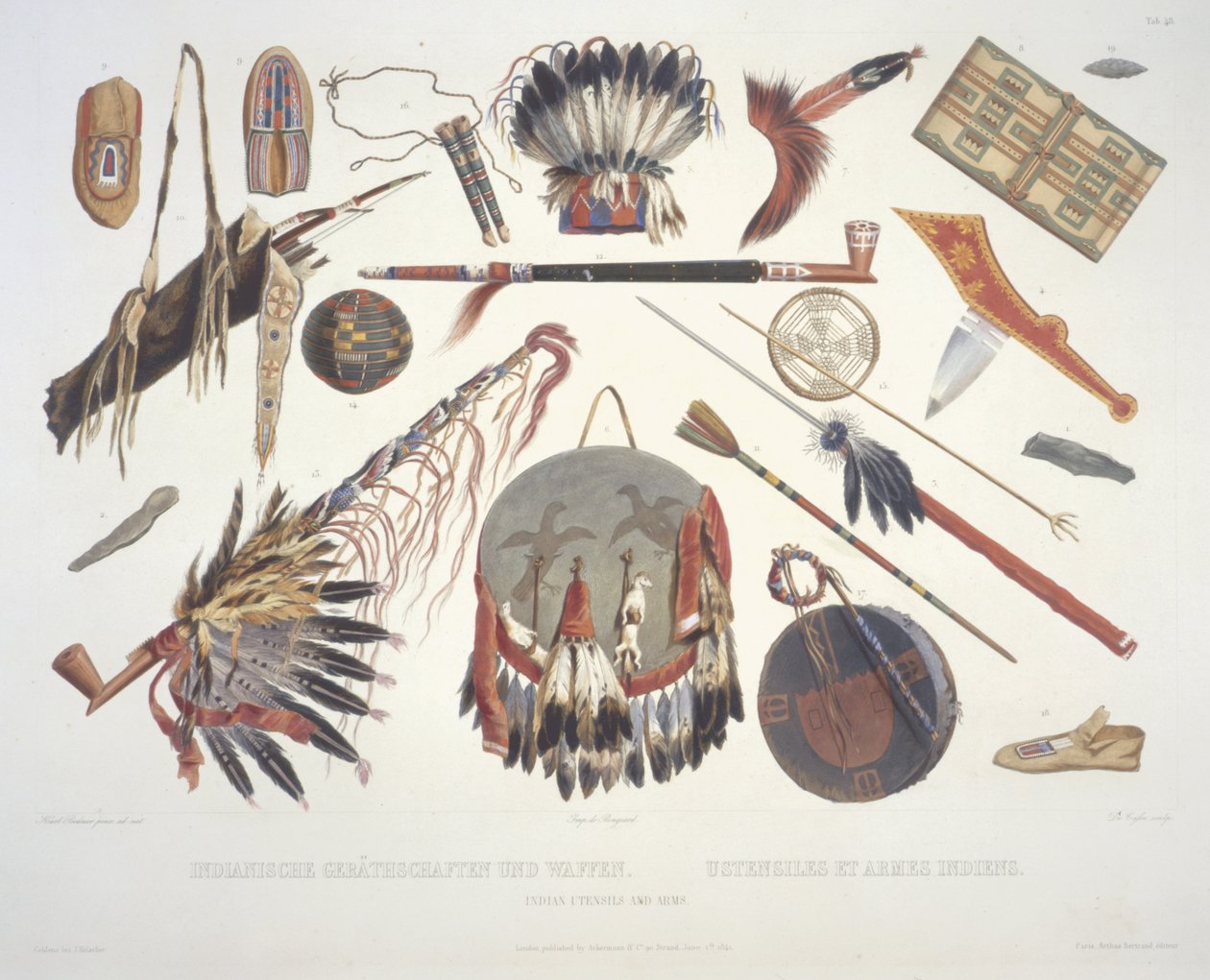 Indické náčiní a zbraně, vyryto Du Casse, publikoval v roce 1841 (akvatinta) od Karl Bodmer
