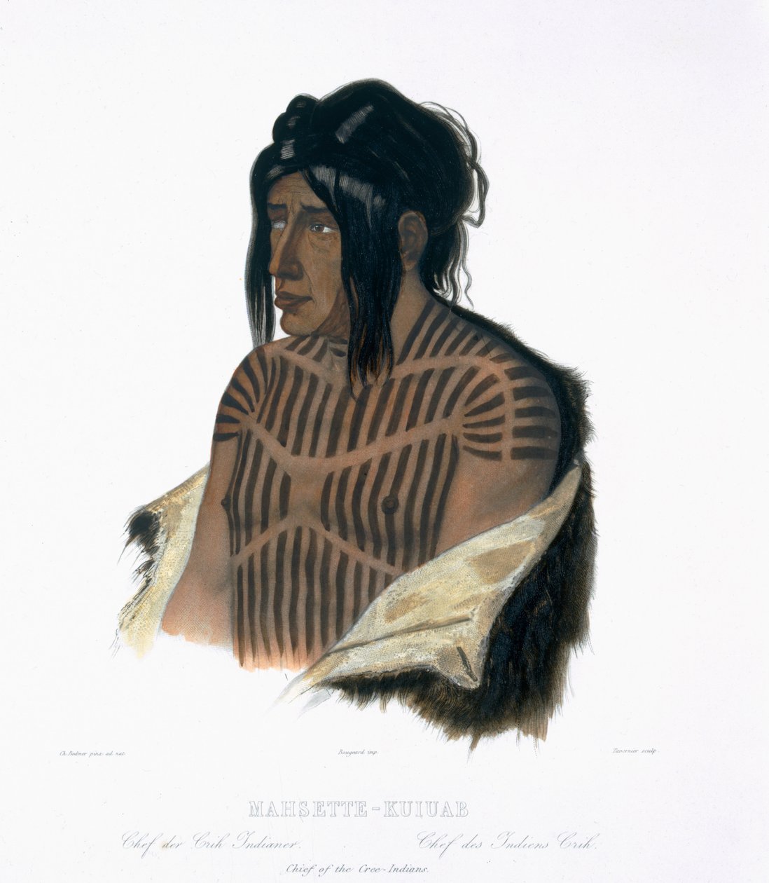 Mahsette-Kuiuab, náčelník indiánů Cree, deska 22 ze svazku 1 „Cesty ve vnitrozemí Severní Ameriky“, vyryl Pierre Joseph Tavernier (1787-str. 1845) 1843 (akvatinta) od Karl Bodmer
