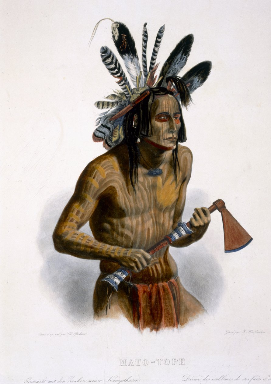 Mato-Tope, ozdobený insigniemi jeho válečných činů, deska 14 ze svazku 2 „Cesty ve vnitrozemí Severní Ameriky“, vyrytý J. Hurlimannem, 1844 (akvatinta) od Karl Bodmer