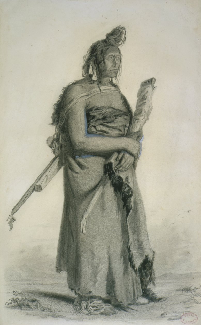 Mexhemauastan, Gros Ventres, kolem 1833-43 (tužka, pero a wc na papíře) od Karl Bodmer
