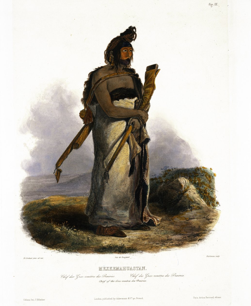 Mexkemahuastan, náčelník Gros-Ventres of the Prairies, deska 20 ze svazku 1 „Cesty ve vnitrozemí Severní Ameriky“, vyrytý J. Hurlimannem, 1843 (akvatinta) od Karl Bodmer