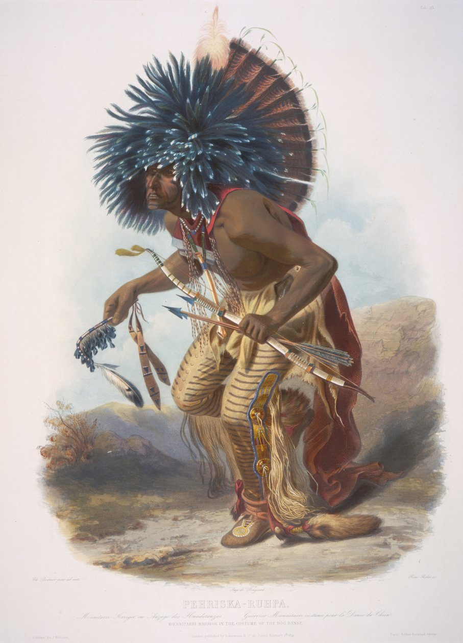 Moennitarri Warrior v kostýmu psího tance. Pehriska-Ruhpa od Karl Bodmer
