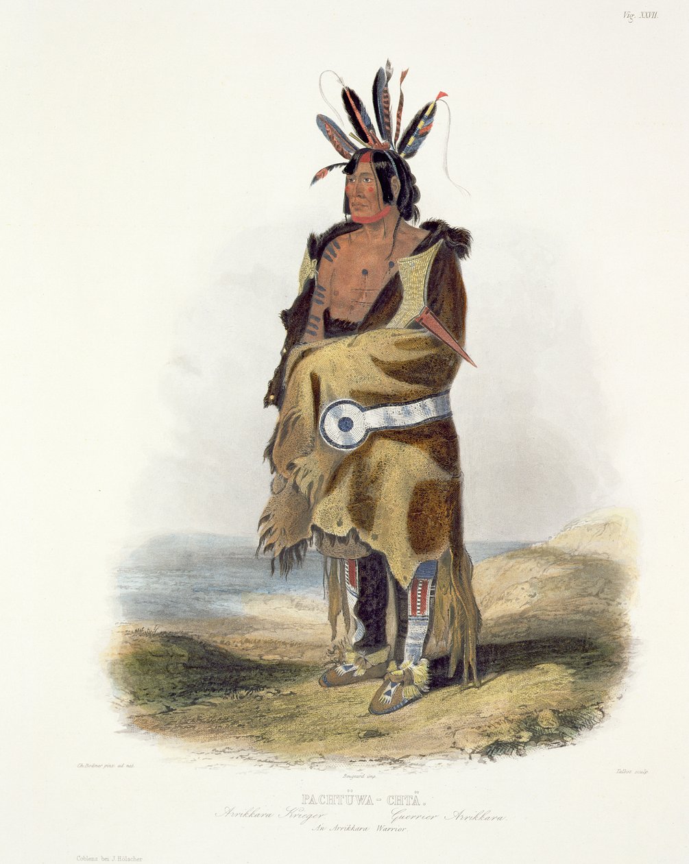 Pachtuwa-Chta, bojovník Arrikkara, deska 27 ze svazku 1 „Cesty ve vnitrozemí Severní Ameriky“, vyrytý Talbotem, 1843 (akvatinta) od Karl Bodmer