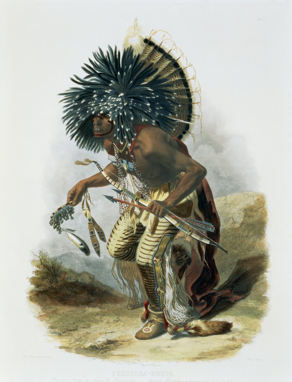Pehriska-Ruhpa, bojovnice Minatarre v kostýmu psího tance, deska 23 ze svazku 2 „Cesty v nitru Severní Ameriky“, vyryl Rene Rollet, 1844 (akvatinta) od Karl Bodmer