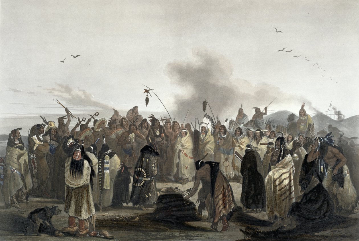 Skalpový tanec Minatarrů, deska 27 ze svazku 2 knihy "Cesty po vnitrozemí Severní Ameriky", vyryl Carl Vogel (1816-51) 1844 (akvatinta) od Karl Bodmer