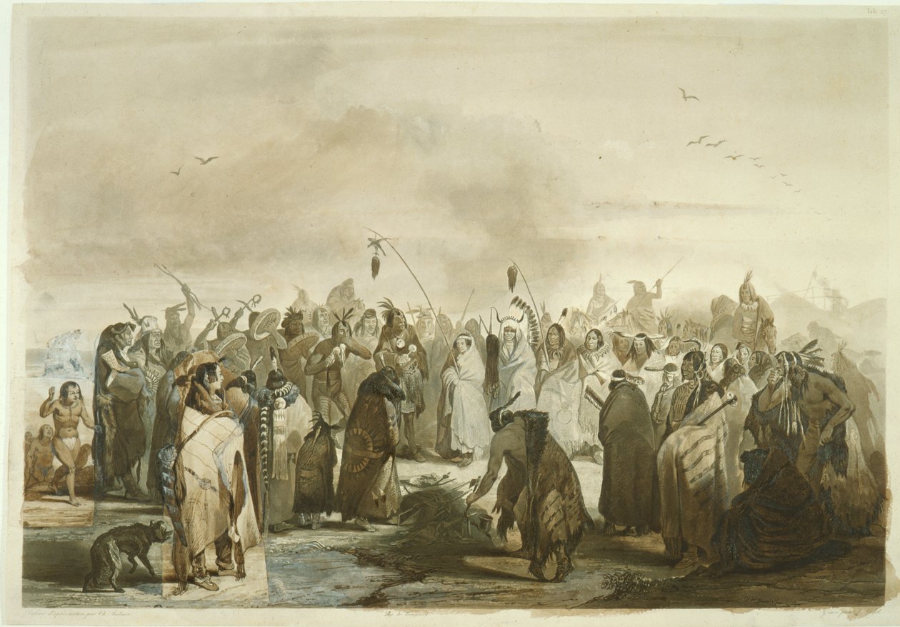Skalpový tanec Minatarres, kolem 1833-43 (tužka, pero a wc na papíře) od Karl Bodmer