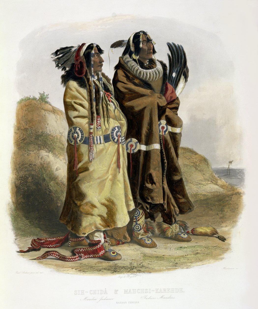 Sih-Chida a Mahchsi-Karehde, indiáni Mandan, deska 20 ze svazku 2 „Cesty ve vnitrozemí Severní Ameriky“, vyryl J. Hurlimann, 1844 (akvatinta) od Karl Bodmer