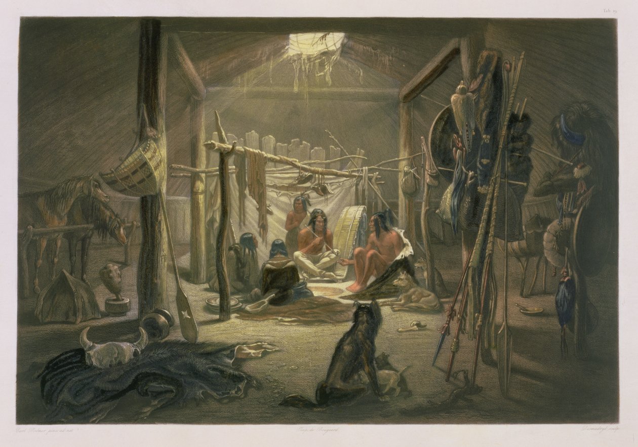 Interiér chatrče Mandanského náčelníka, deska 19 ze svazku 2 „Cesty ve vnitrozemí Severní Ameriky“, vyryla Narcisse Desmadryl, 1844 (akvatinta) (podrobnosti viz 29098) od Karl Bodmer
