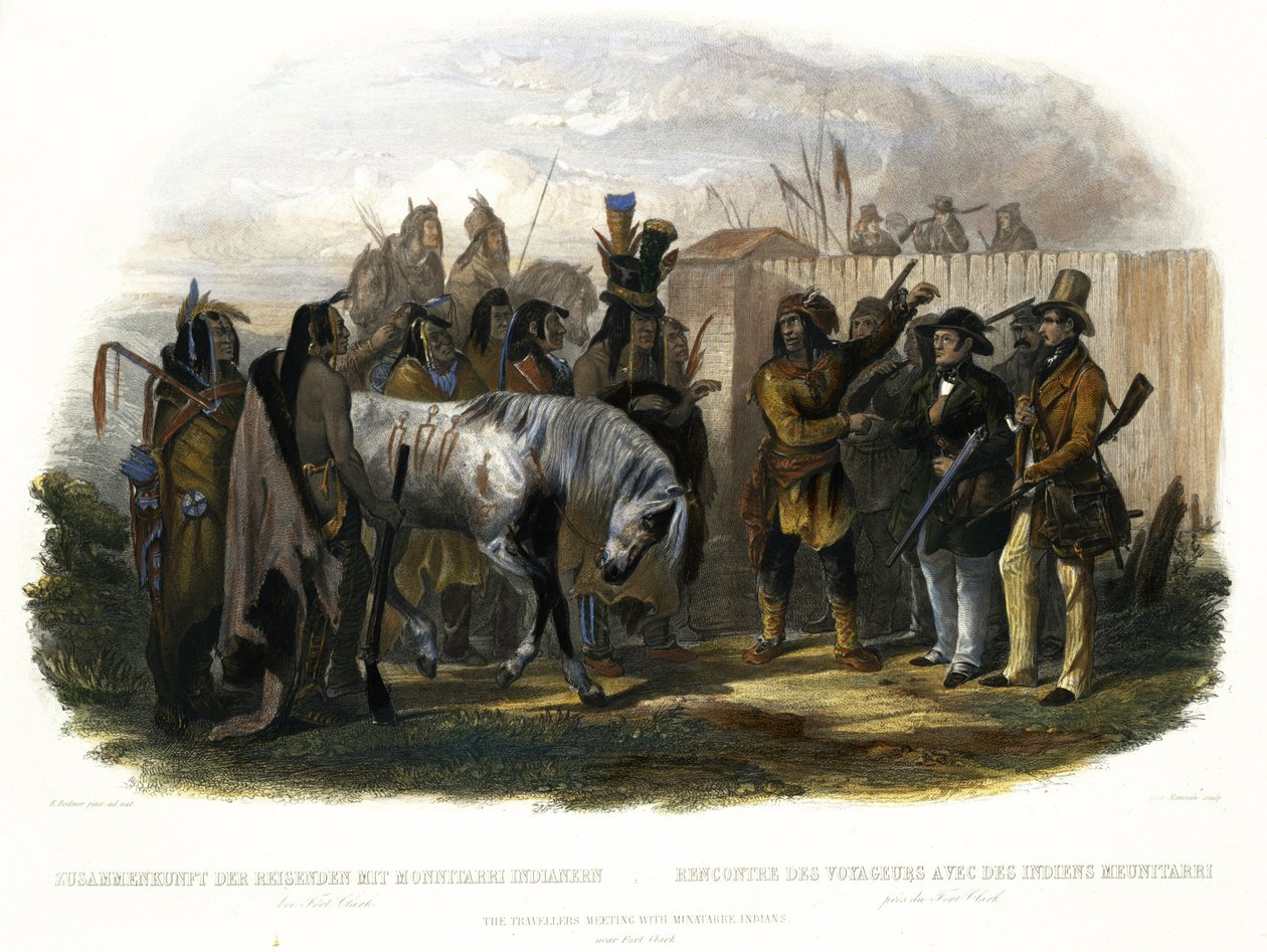 Setkání cestovatelů s indiány Minatarre u pevnosti Fort Clark, deska 26 ze svazku 1 knihy "Cesty po vnitrozemí Severní Ameriky", rytina Alexandre Manceau, 1843 (akvatinta) od Karl Bodmer