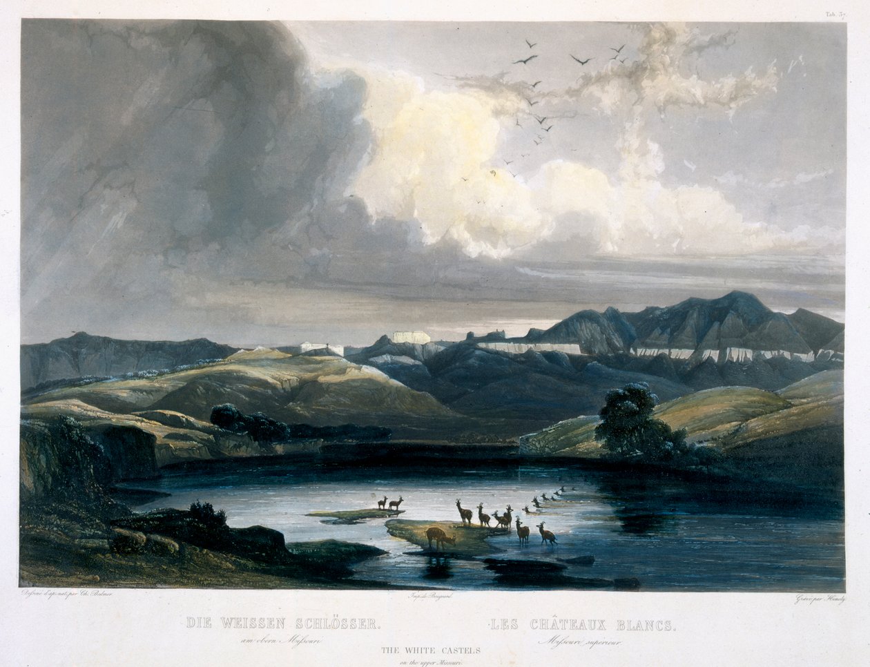 Bílé hrady na Upper Missouri, deska 37 ze svazku 2 „Cesty ve vnitrozemí Severní Ameriky“, vyryl Sigismond Himely (1801-72) 1844 (akvatinta) od Karl Bodmer