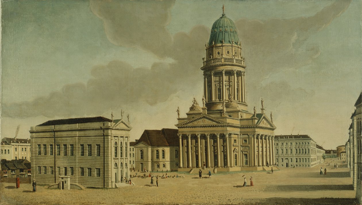 Pohled na náměstí Gendarmenmarkt s francouzskou hernou a katedrálou, Berlín, 1788 od Karl Friedrich Fechhelm