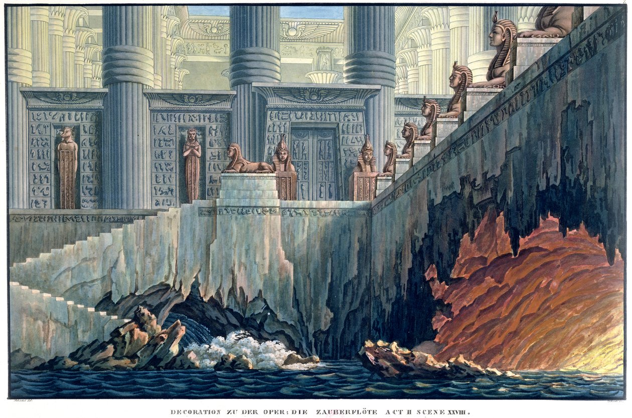 Egyptská scéna pro dějství II, scéna xxviii opery „Kouzelná flétna“ od Wolfganga Amadea Mozarta (1756-91) od Karl Friedrich Schinkel