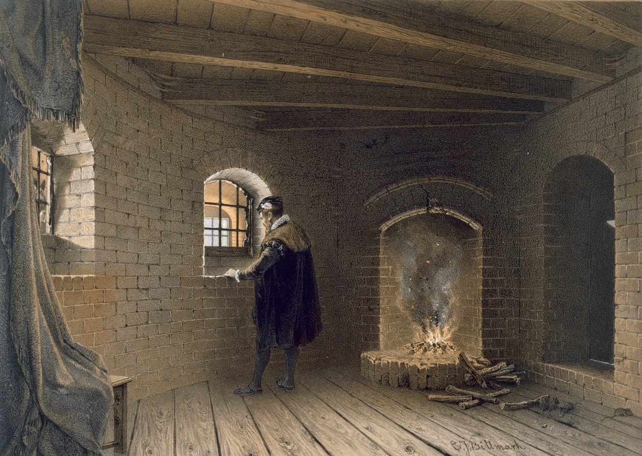 Vězení vévody Jana, syna Gustava I., v Gripsholmu, po Erikově výpovědi, z „Teckningar efter Naturen Sverige Interiuer och Exteriuer“, vydaného kolem roku 1853-64 od Karl Johann Billmark