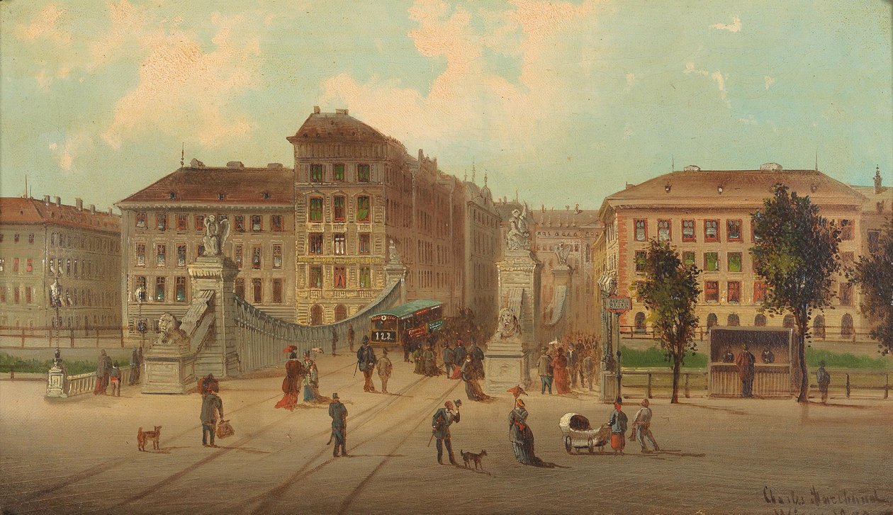 Aspernbrucke ve Vídni Němec: Živá pouliční scéna s tramvajemi ve Vídni, 1878. Pohled přes vozovku Aspernbrucke na levý břeh Dunajského kanálu, k domům Untere Donaustrasse a do Asperngasse dnes Aspernbruckengasse. odkaz od Karl Kaufmann