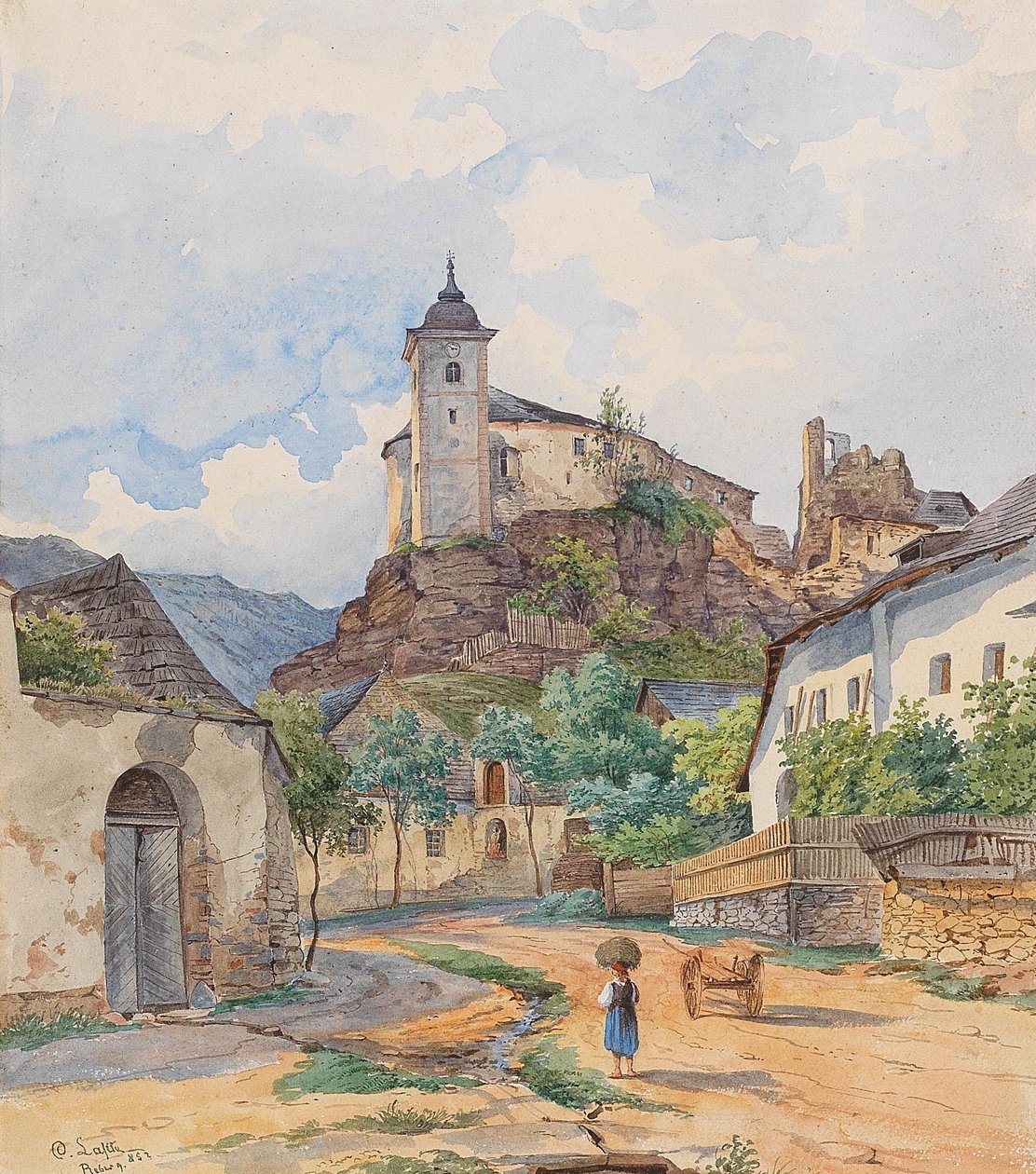 Čeština: Pohled na zříceninu hradu Rehberg v obci Kremsn od Karl Lafite